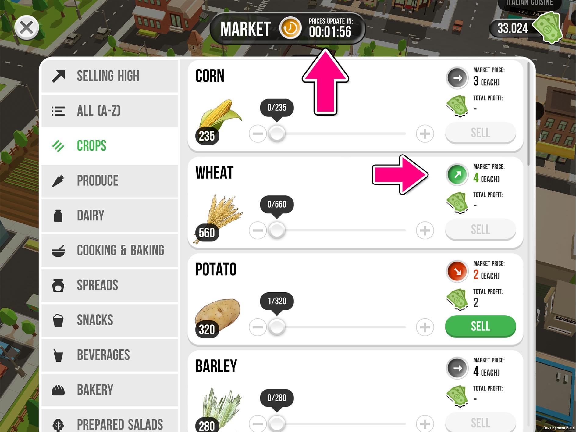 selling price in changing market on farmers 2050 game app